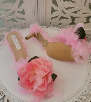 "LADY FEATHERINGTON" Baby Pink Feather Rose Crystal Mule Heels