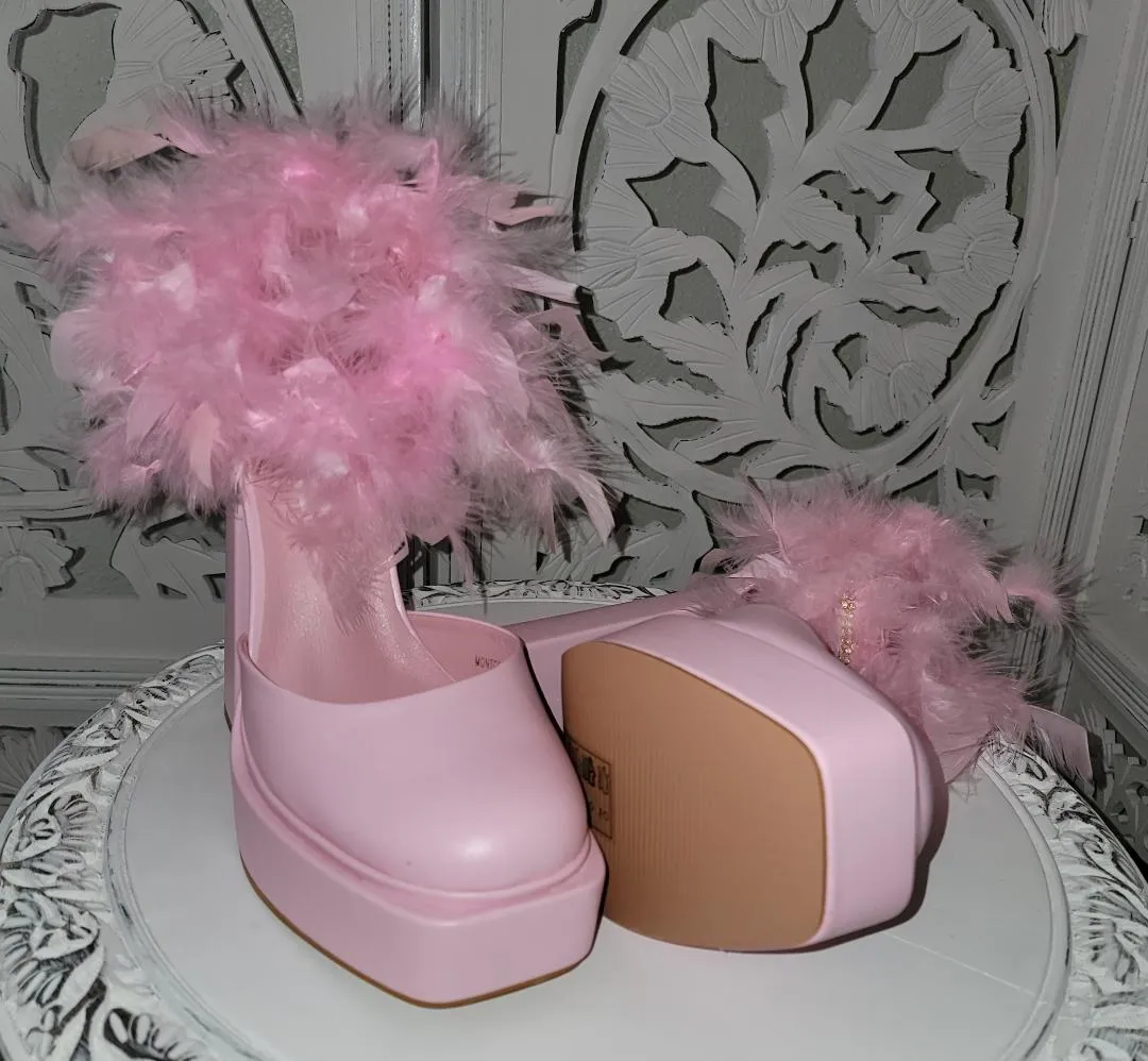 "TINA" Pink Platform Ankle Strap Feather Heels