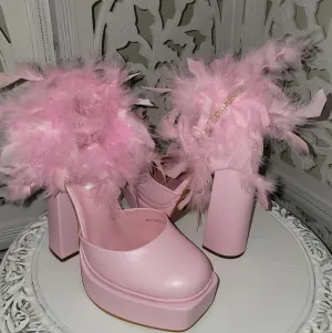 "TINA" Pink Platform Ankle Strap Feather Heels