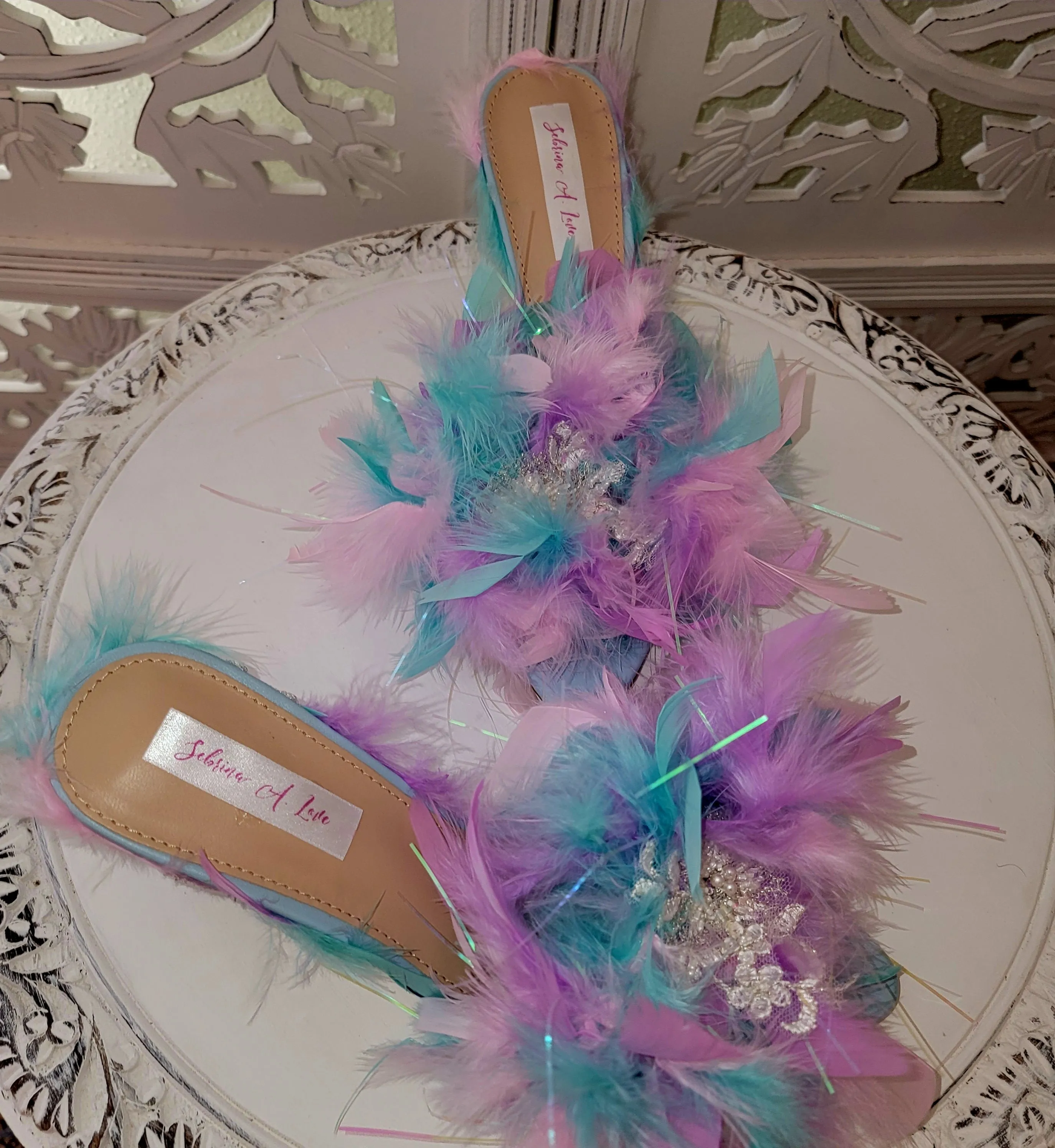 "WENNA" Ethereal Princess Watercolor Rainbow Feather Lace Heels