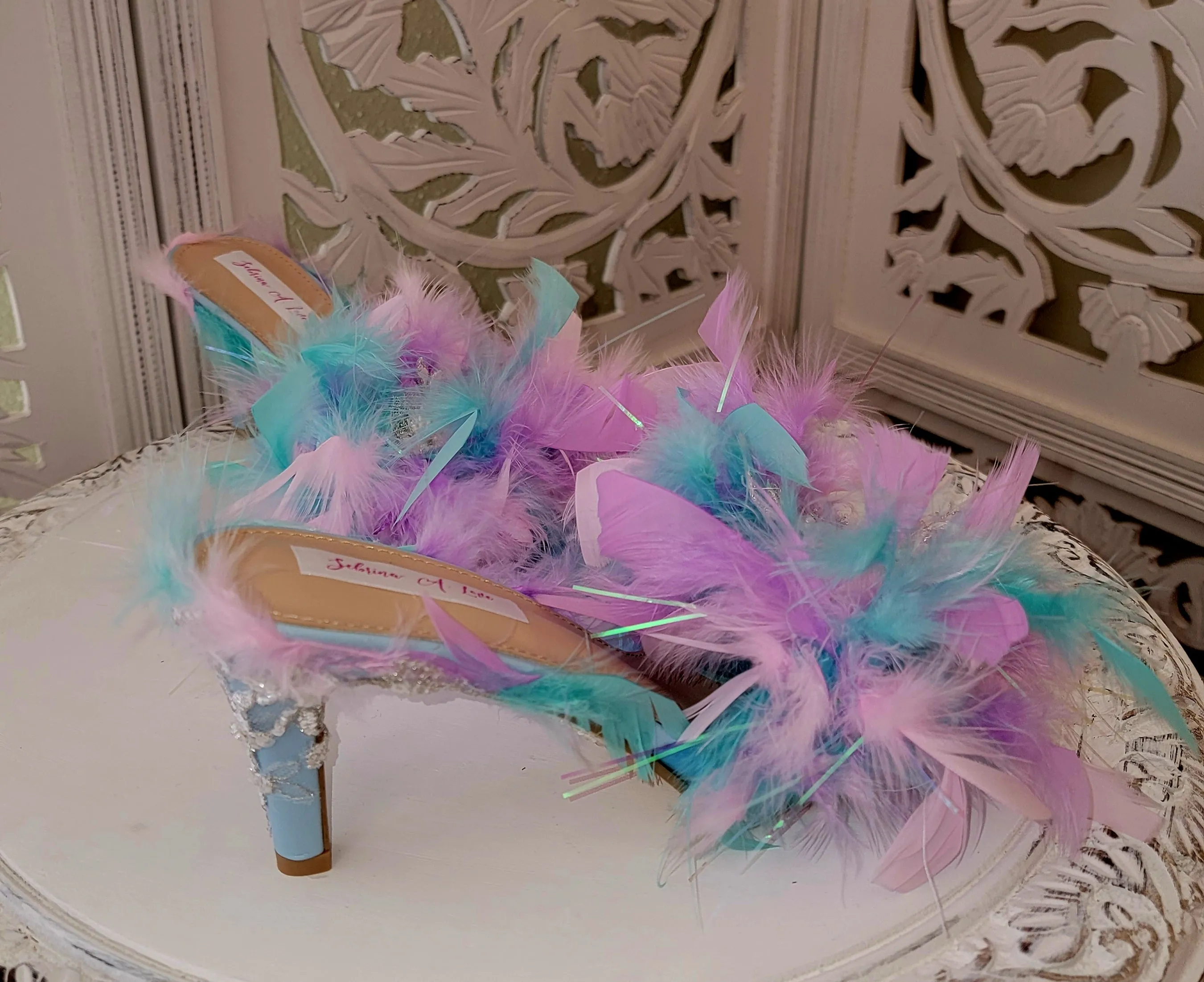 "WENNA" Ethereal Princess Watercolor Rainbow Feather Lace Heels