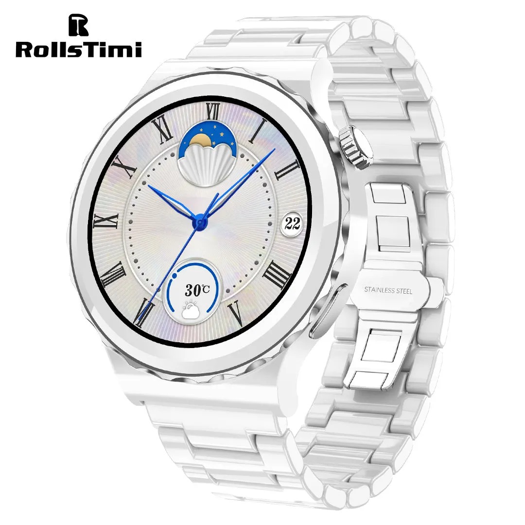 RollsTimi RT23 Women's Smartwatch with Ceramic Watchband Fitness Tracker Sports Luxury Smart Watches for Men Bluetooth Calls