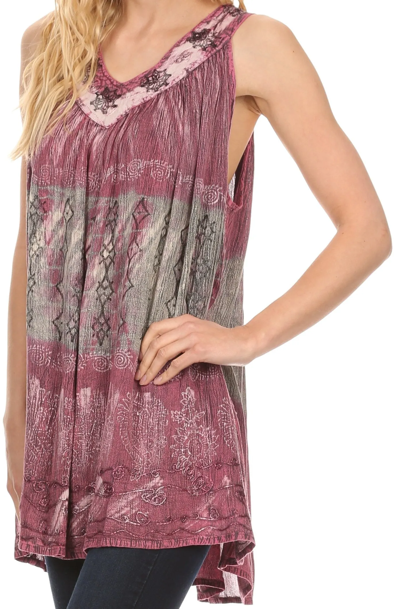 Sakkas Viennan Long Embroidered V Neck Tie Dye Print Tribal Shirt Blouse Tank Top