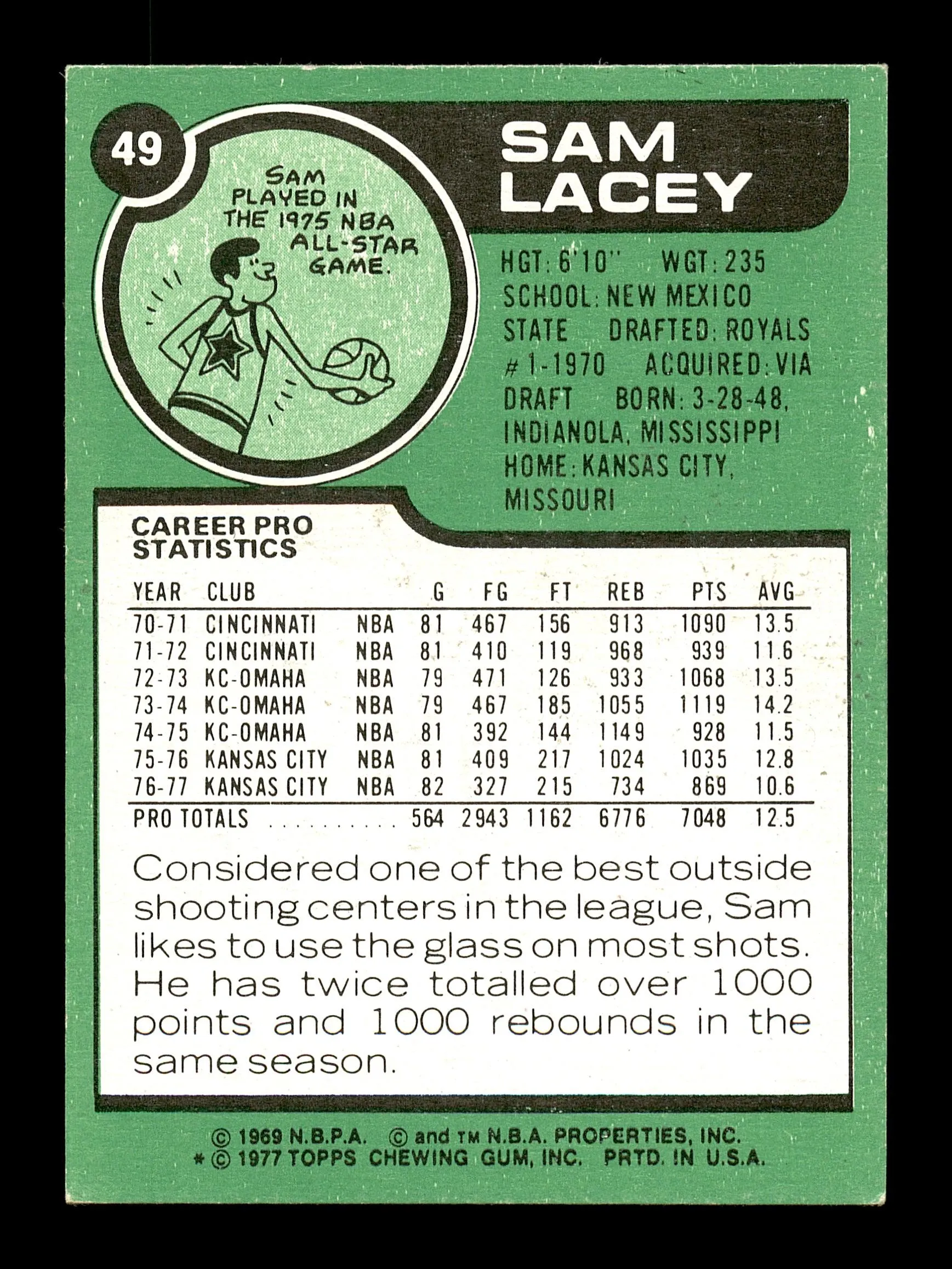 Sam Lacey Autographed 1977-78 Topps Card #49 Kansas City Kings SKU #167278