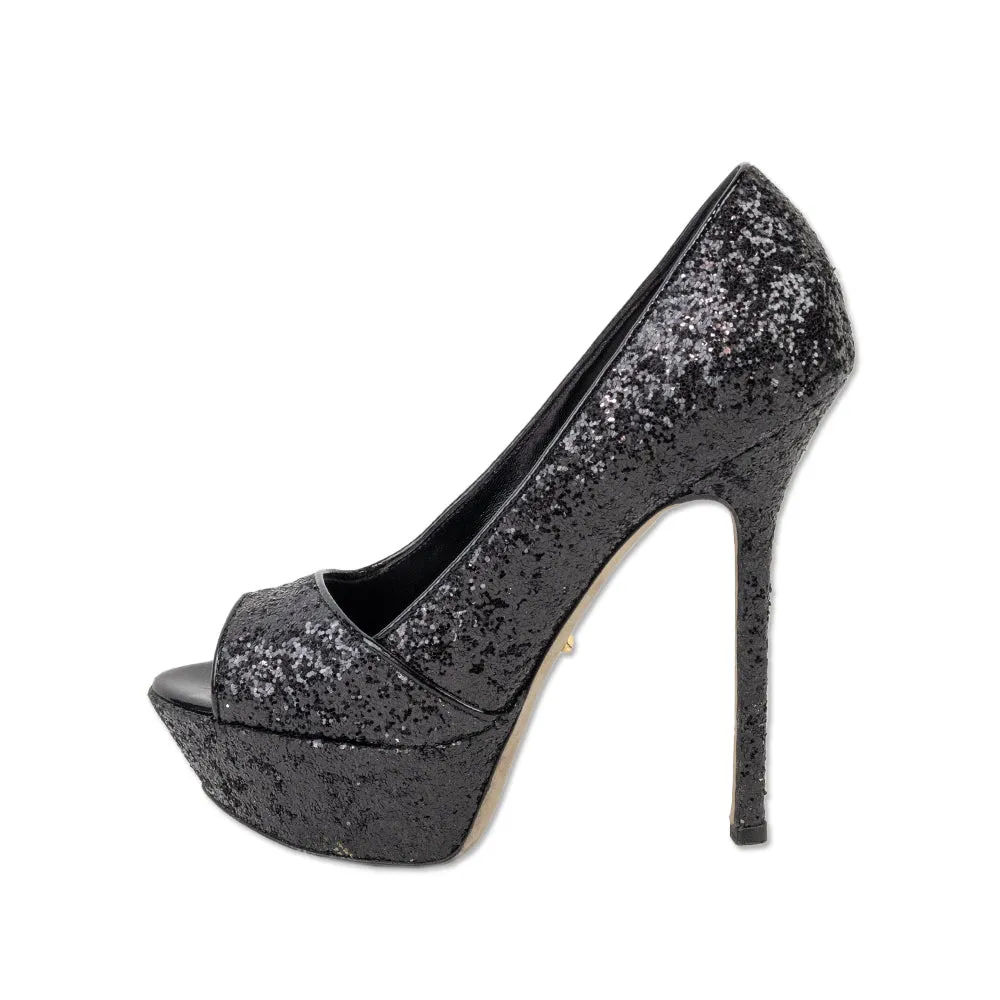 Sergio Rossi Black Sequin Peep Toe Platform Pumps