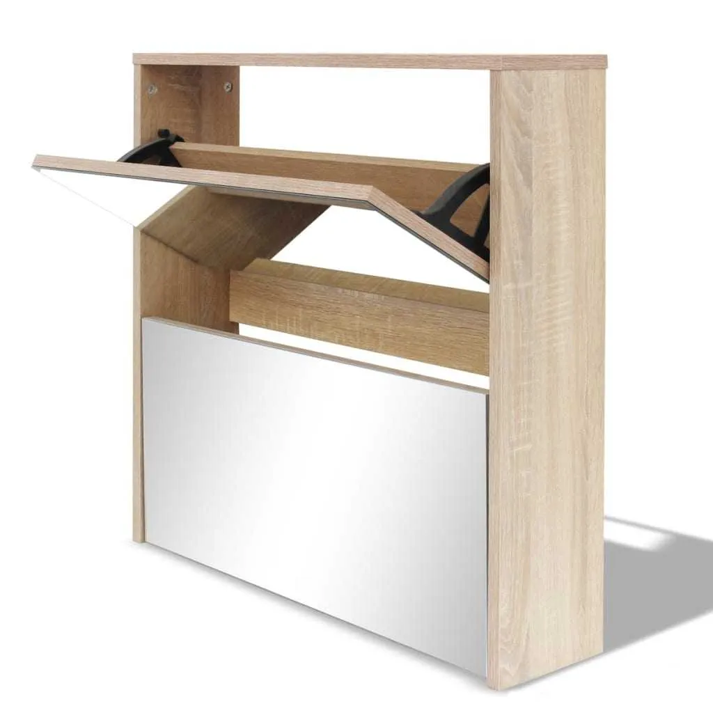 Shoe Cabinet 2-Layer Mirror Oak 63x17x67 cm