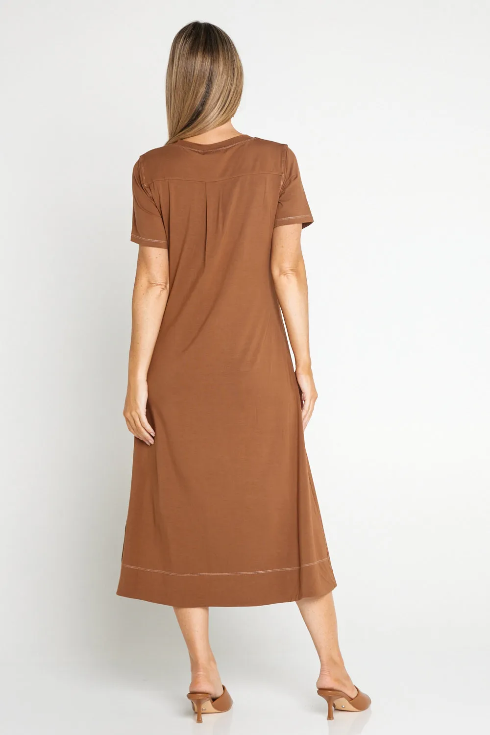 Short Sleeve Contrast Stitch Dress - Mocha