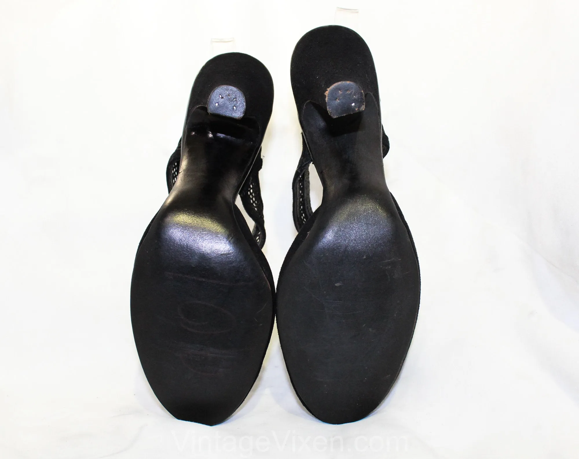 Size 5.5 1940s Shoes - Gorgeous Black Suede 40s Pin Up Perfect Slingbacks - High Heels with Post WWII Nylon Mesh - 5 1/2 NOS 40's Deadstock