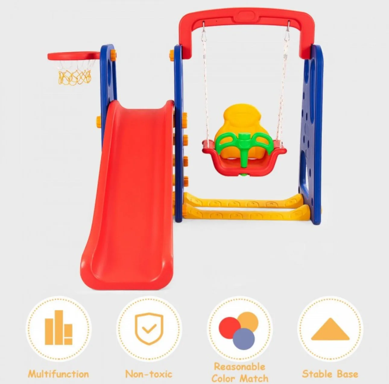 Super Fun 3-in-1 Very Colourful Children Playground Set | Slide | Climbing Stairs | Basketball Net | Swing