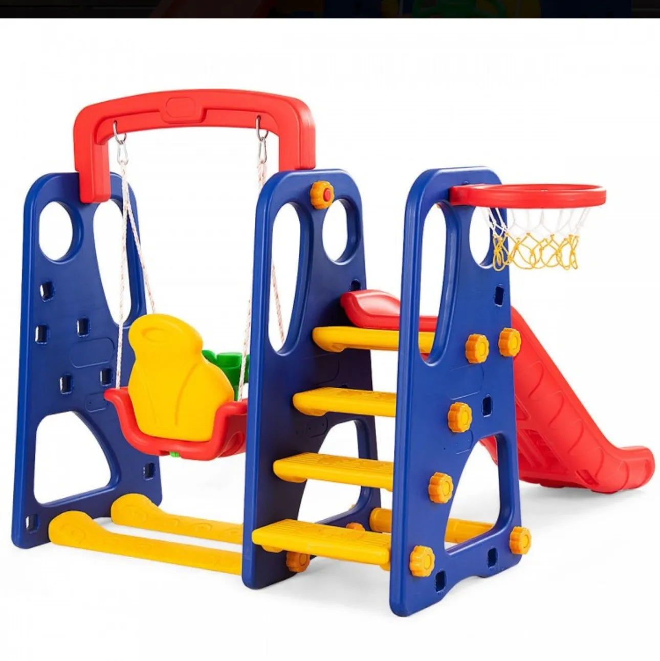 Super Fun 3-in-1 Very Colourful Children Playground Set | Slide | Climbing Stairs | Basketball Net | Swing