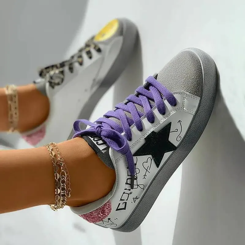 Women's Fashion Daily Graphic Star Striped Print Lace-up Sneakers