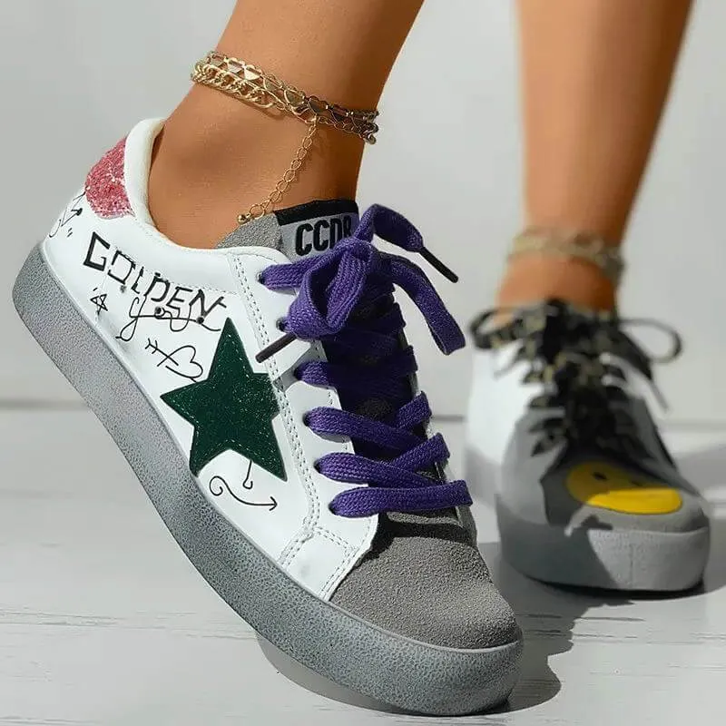 Women's Fashion Daily Graphic Star Striped Print Lace-up Sneakers